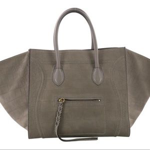 Celine Cabas Phantom Handbag Crocodile Embossed Medium Gray Nubuck Leather Tote